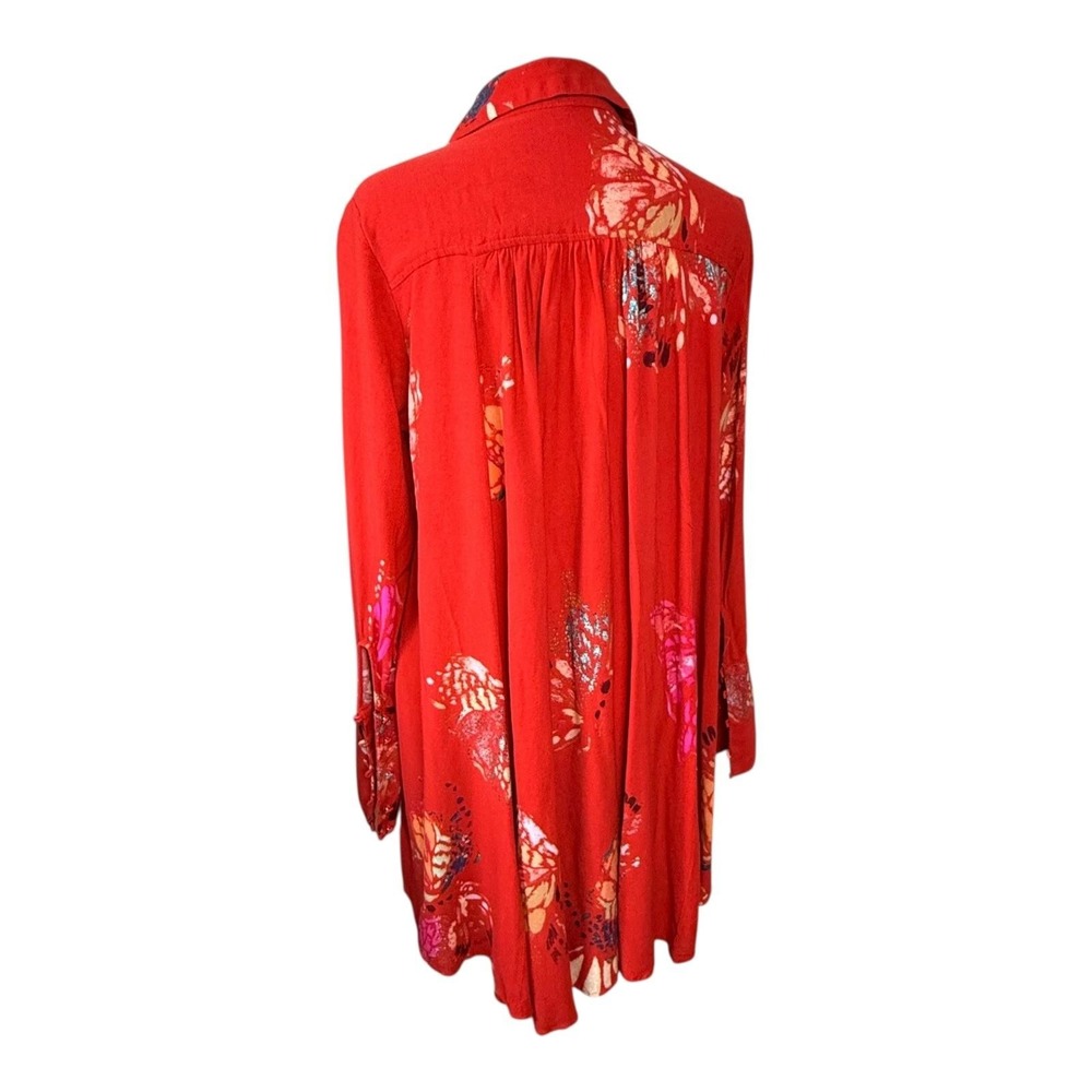 Free People Tunic Shirt Womens Small Red Floral Butterfly Boho Long Sleeve Rayon - Picture 5 of 16